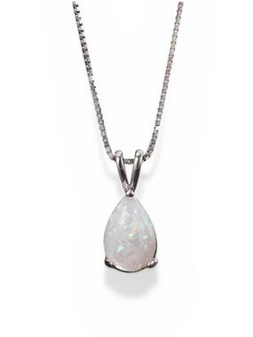 Sterling Silver Teardrop White Fire Opal Pendant Necklace.